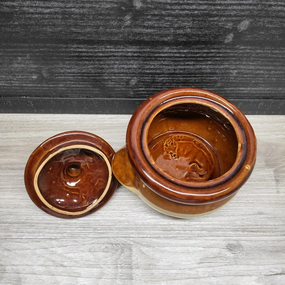Antique Brown Stoneware Bean Pot with Lid Vintage Ovenware Ramekin 5